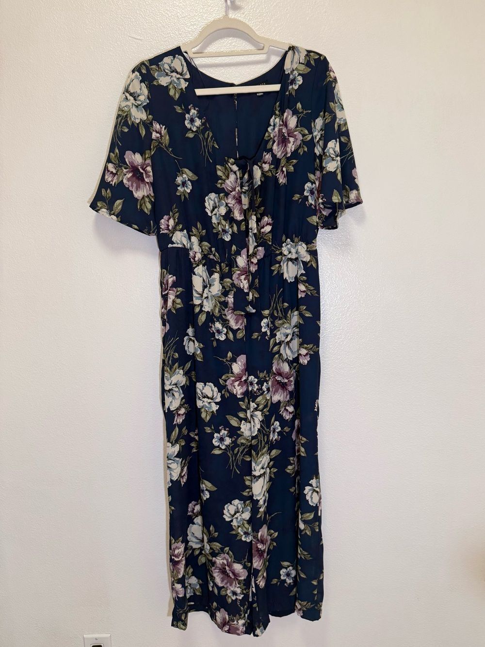 Lily Black - Floral Navy Jumpsuit with Tie Front - size L